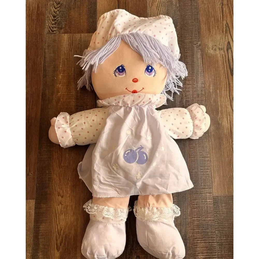 Vintage Dolly Mine Cloth Doll Purple Dress Eyes Cherries Pink Dots 22